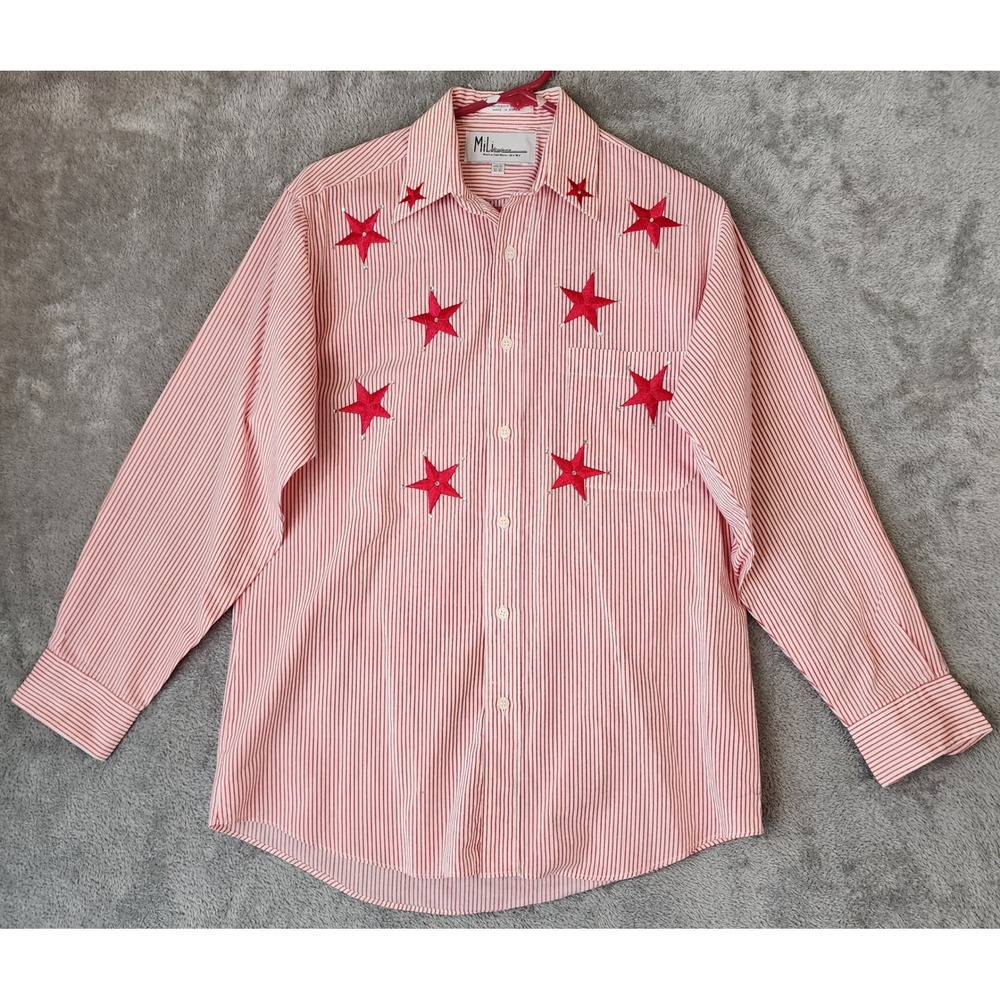 MiLi Designs Shirt Mens Small Red White Stripe Star Embroidered Button Down